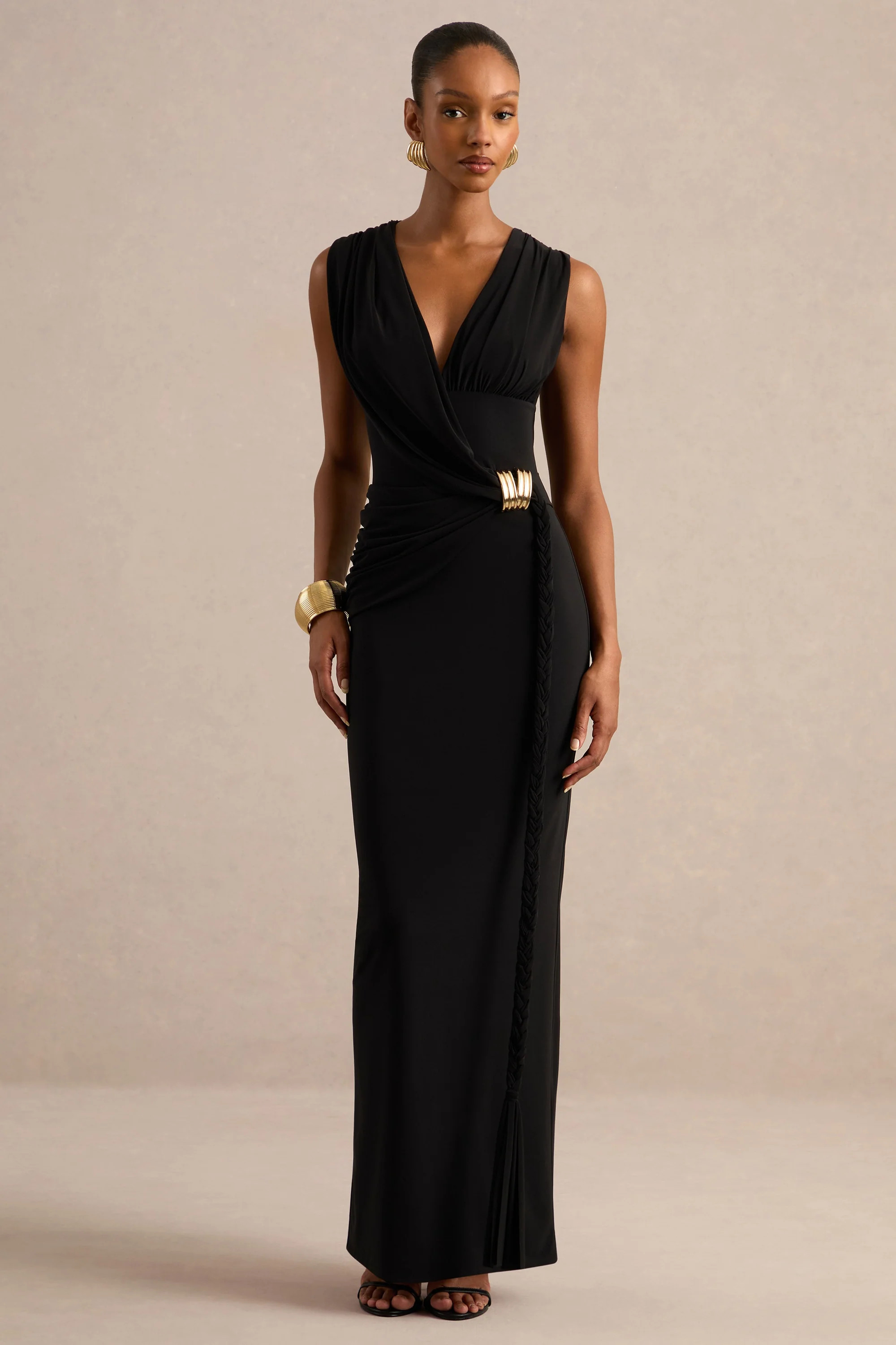 Nalina | Black Plunge-Neck Maxi Dress With Gathered Detailing And Gold | Club L London