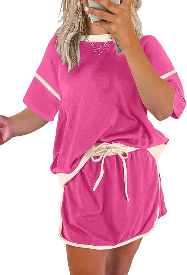 EVALESS Women's 2 Piece Sets Summer Casual Short Sleeve Tops Matching Drawstring Mini Skirt Going... | Amazon (US)