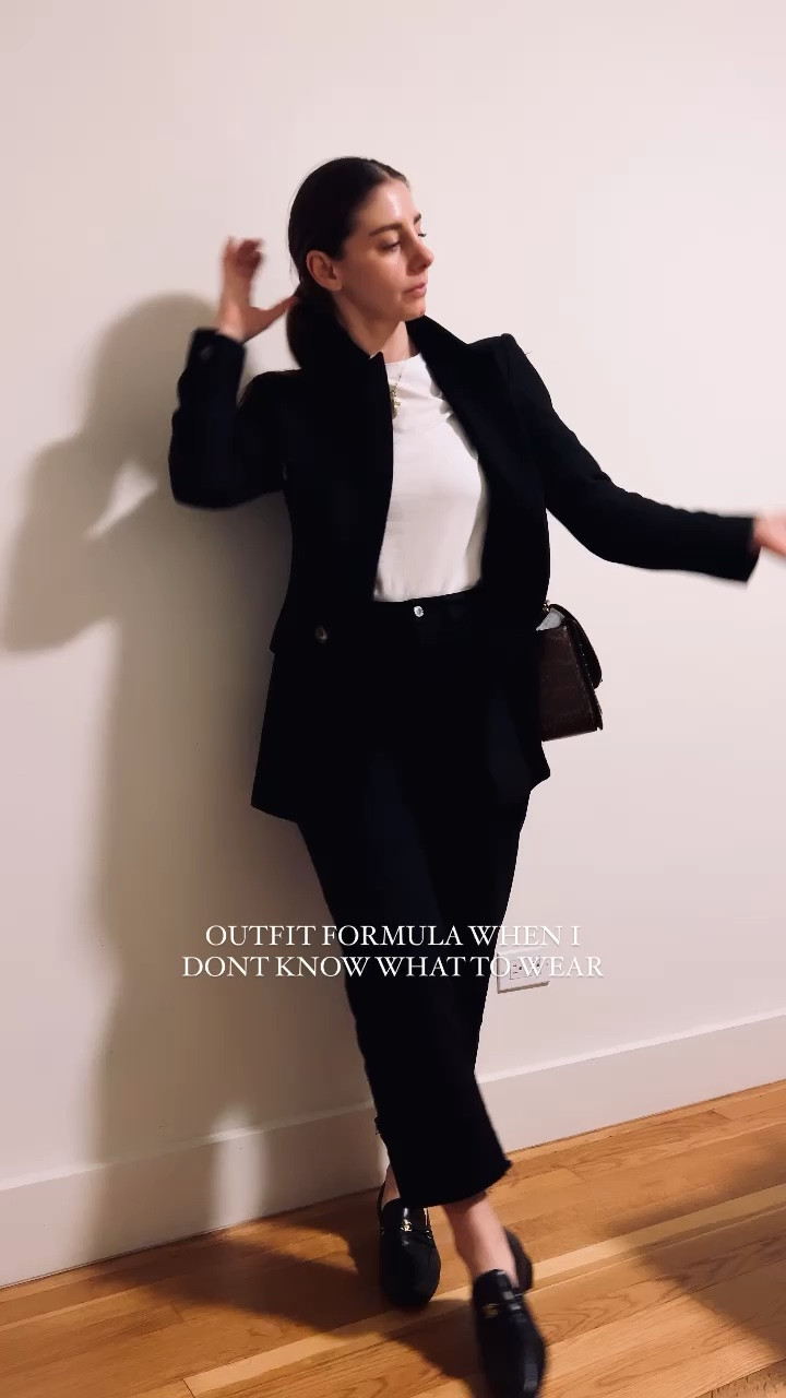 Black blazer, white t shirt, black jeans and loafers 

#LTKworkwear #LTKstyletip