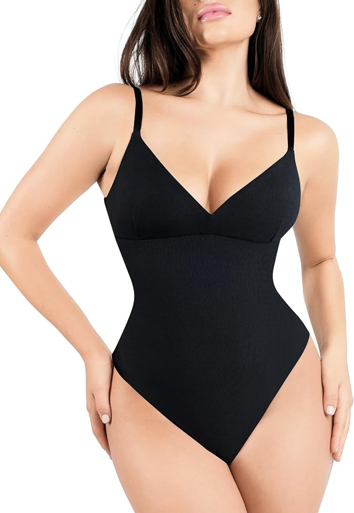 Popilush Corset Bodysuit Built in Bra - V Neck Bodysuits for Women Tummy Control Thong Shapewear ... | Amazon (US)