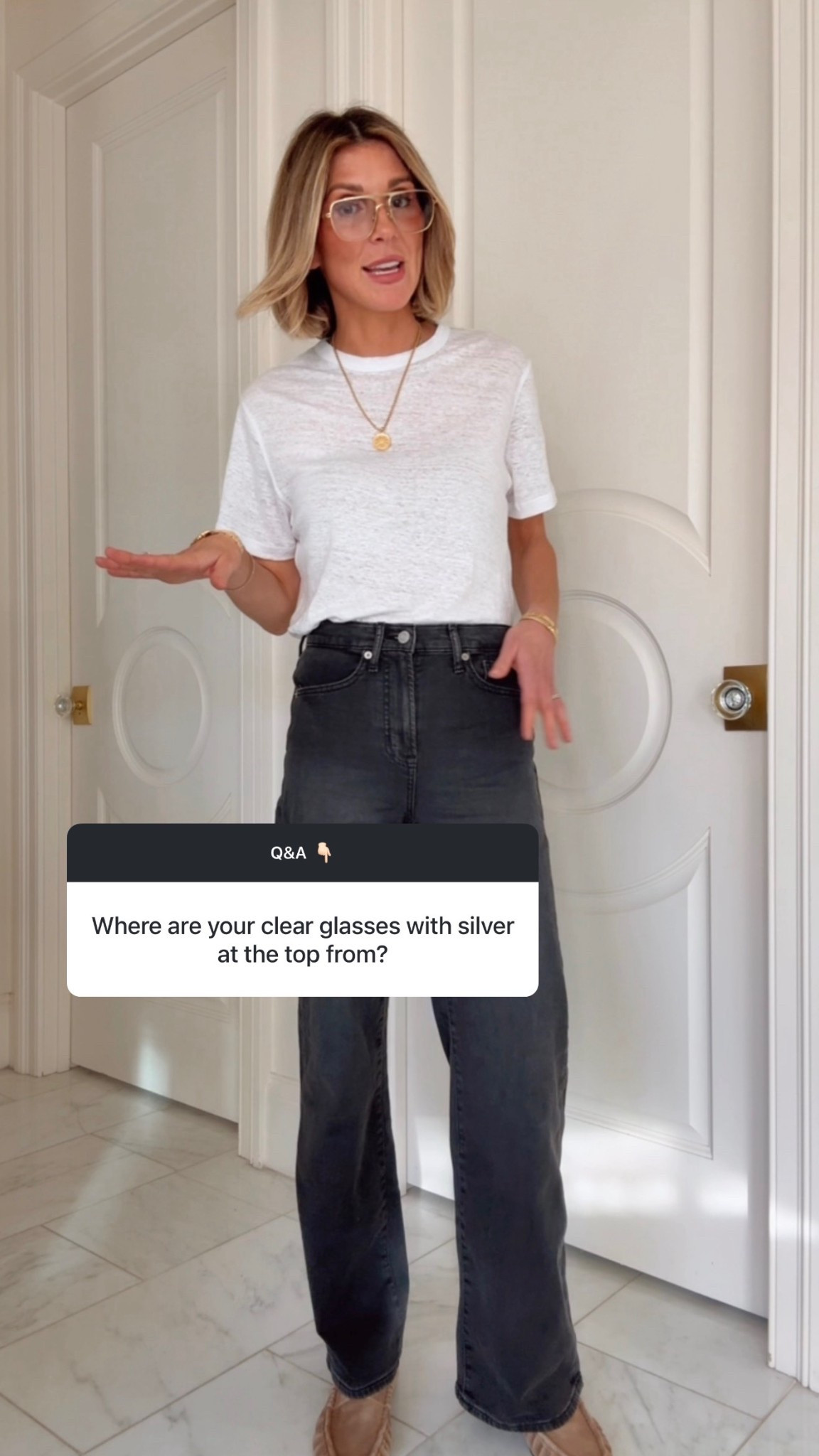 Glasses linked here. Also linked an Amazon pair that are similar and I love. 