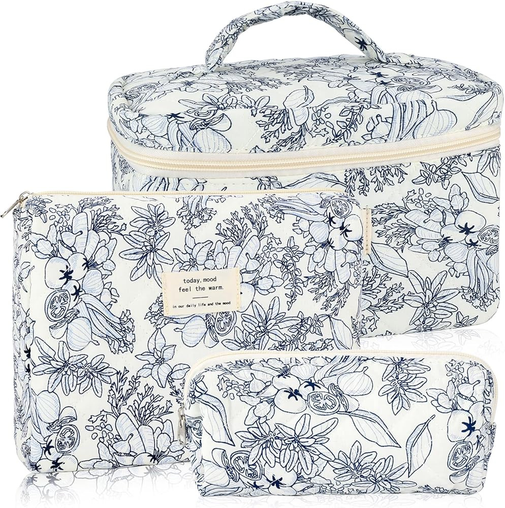 3Pcs Cotton Quilted Makeup Bag for Women Girls Large Small Travel Black Floral Cosmetic Bags Set ... | Amazon (US)