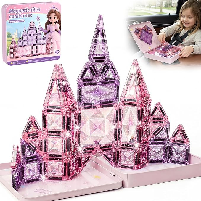 Amazon.com: STEM MATCH Magnetic Tiles Girls Travel Toy: 42 PCS Pink Glitter Building Blocks Castl... | Amazon (US)