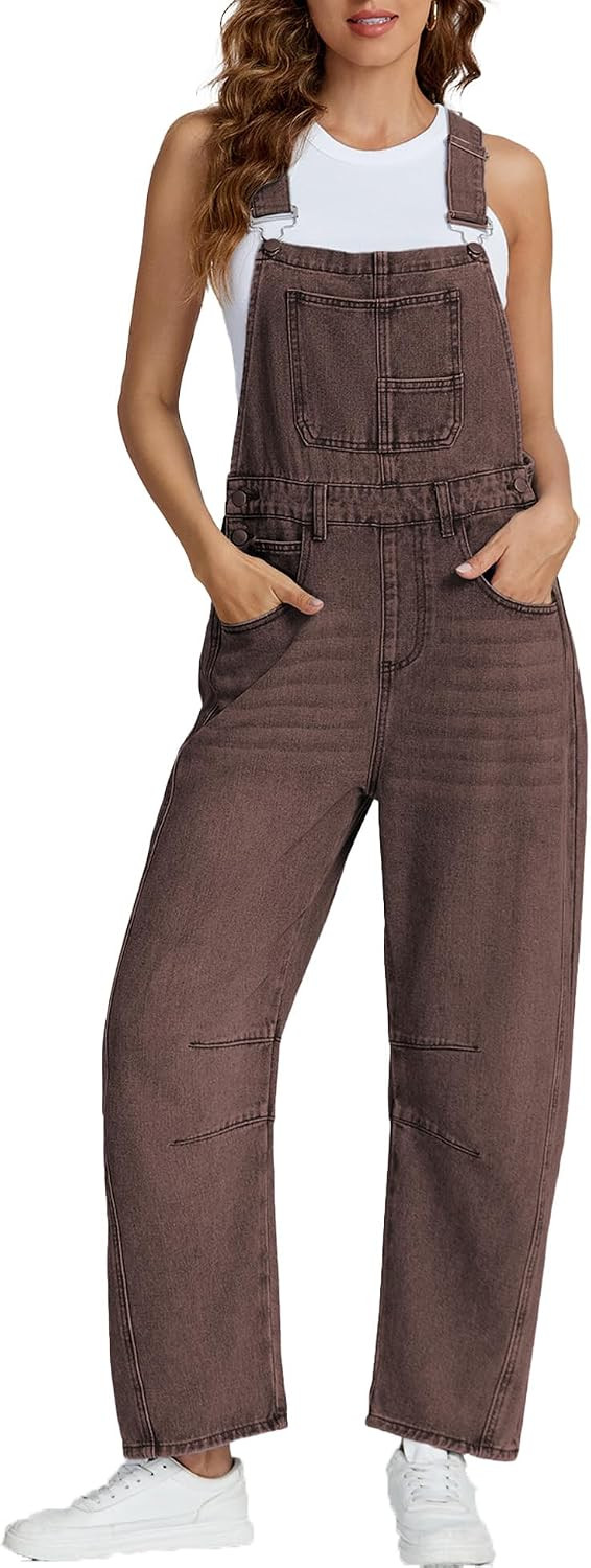 Womens Denim Bib Overalls Barrel Leg Adjustable Straps Jean Jumpsuit | Amazon (US)