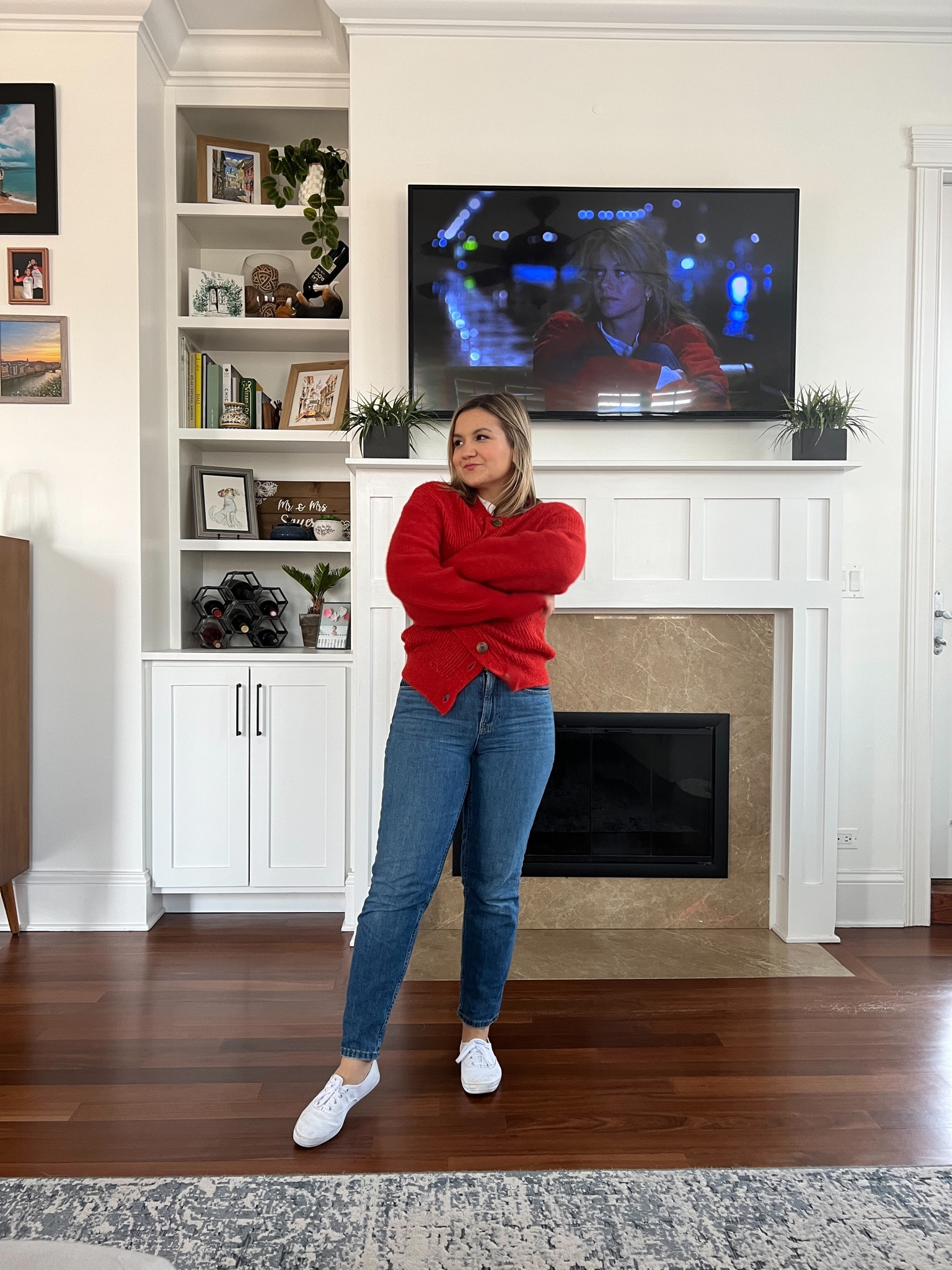 This sweater is old but I found another good red cardigan!
Jeans - true to size
