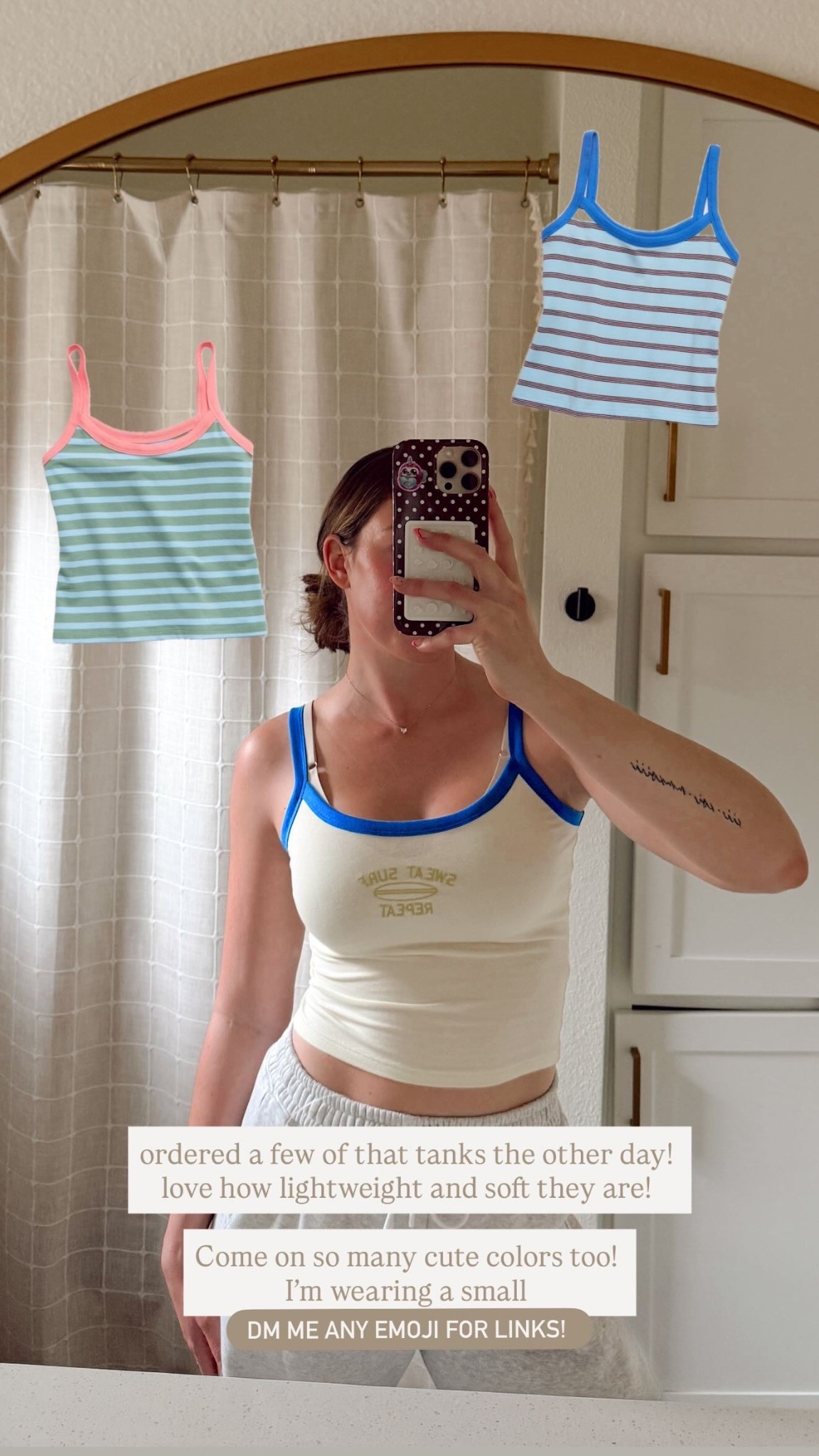 The cutest little lightweight comfy tanks! I’m wearing a small!