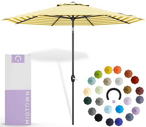 MIDTOWN UMBRELLAS The Lean 6 Feet Outdoor Umbrella With Terylast Sunny Stripes (White/Yellow Stripes) Polyester Fabric - Auto-Tilt Aluminum Frame Patio Umbrella For Deck, Garden, Pool - Black Pole | Amazon (US)