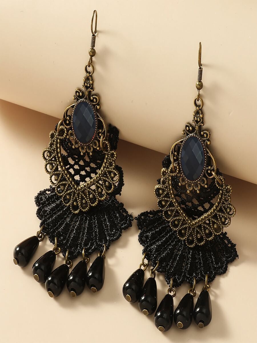 1pair Vintage Elegant Black Lace Decor Zinc Alloy Drop Earrings For Women | SHEIN