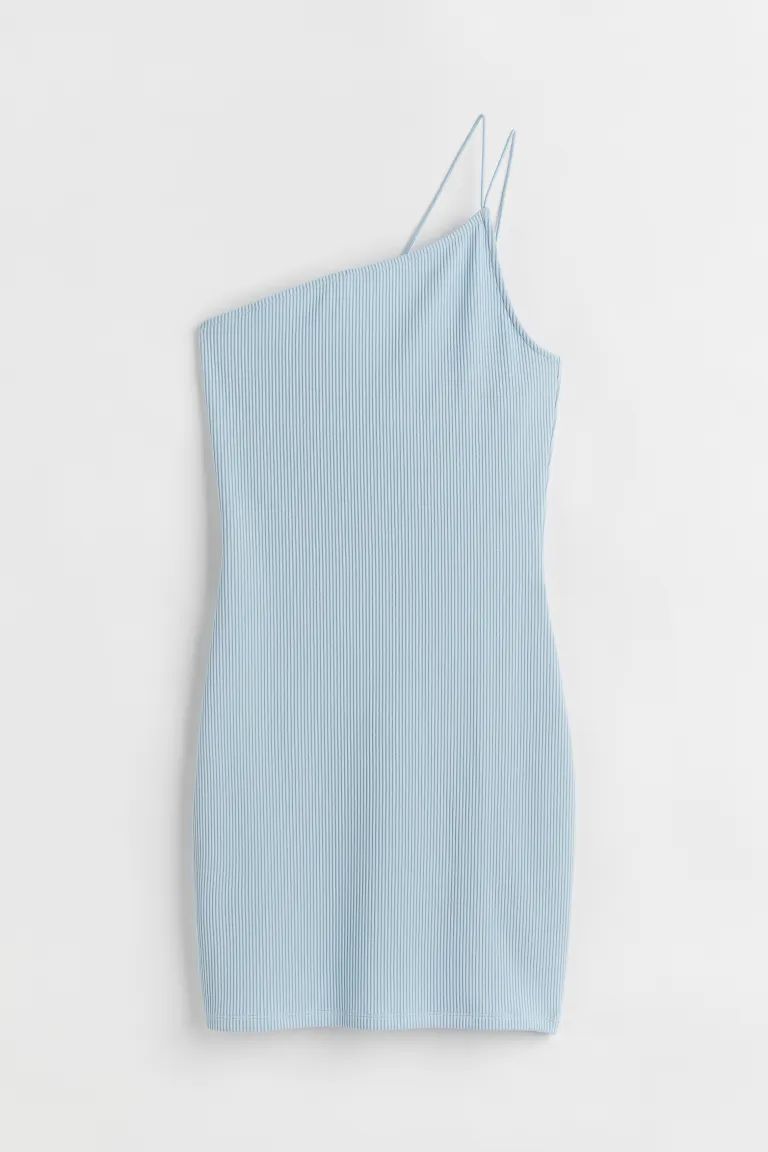 New ArrivalShort, fitted, one-shoulder dress in stretch, ribbed jersey with asymmetric upper edge... | H&M (US)