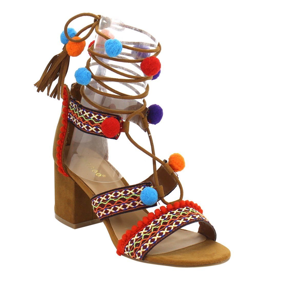 Highlight 32S Womens Embroidered Multicolor Fringe Block Heel Pom Pom Sandals | Amazon (US)