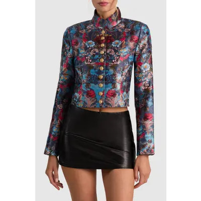 ALICE + OLIVIA Emerson Jacquard Military Jacket in Heartstrings Mineral Blue at Nordstrom, Size Small | Nordstrom