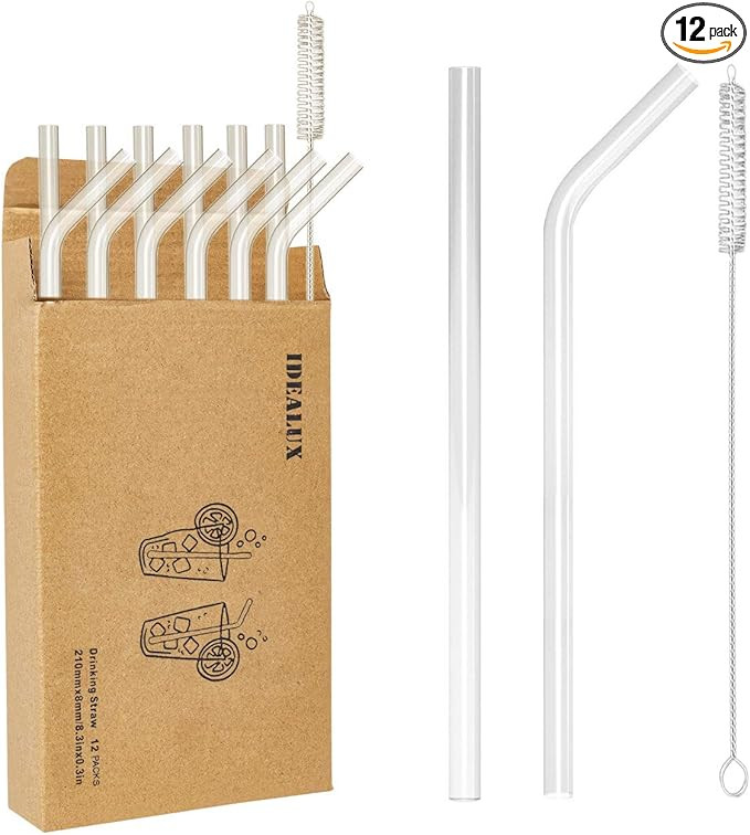 IDEALUX 12 Pack Reusable Glass Straws Set 7.87" X ∅8mm Clear Drinking Straws, Glass Smoothie St... | Amazon (US)