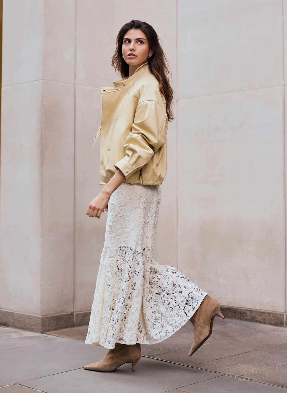 Butter Yellow Leather Cropped Pilot Bomber Jacket | Mint Velvet