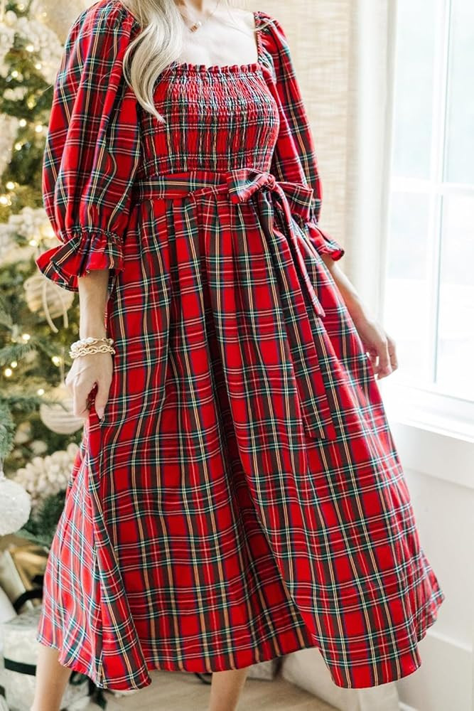 Apvirdy Christmas Plaid Dress Women Square Neck 3/4 Puff Sleeve Midi Dress Fashion Casual Knot Waist Smocked Dresses | Amazon (US)