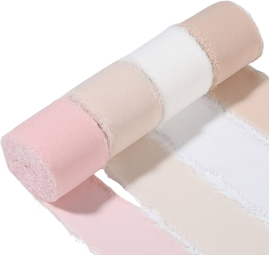 4 Rolls Pink Ribbon for Gift Wrapping, 1.5 Inch × 8 Yards Pink & Cream Valentine’s Day Chiffon... | Amazon (US)