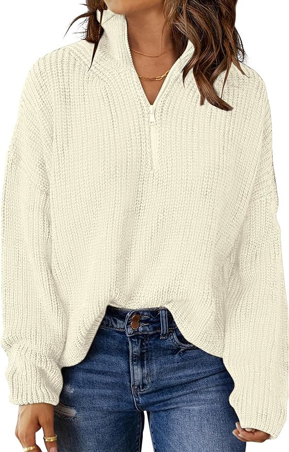 MEROKEETY Women's 2023 Long Sleeve Chunky Knit Sweaters 1/4 Zip Polo V Neck Casual Pullover Tops | Amazon (US)