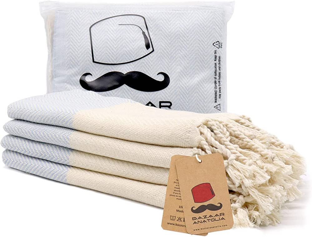 Turkish Hand Towel Set of 4 Herringbone Peshtemal Towel 100% Cotton 45x20" Light Weight Thin Quic... | Amazon (US)