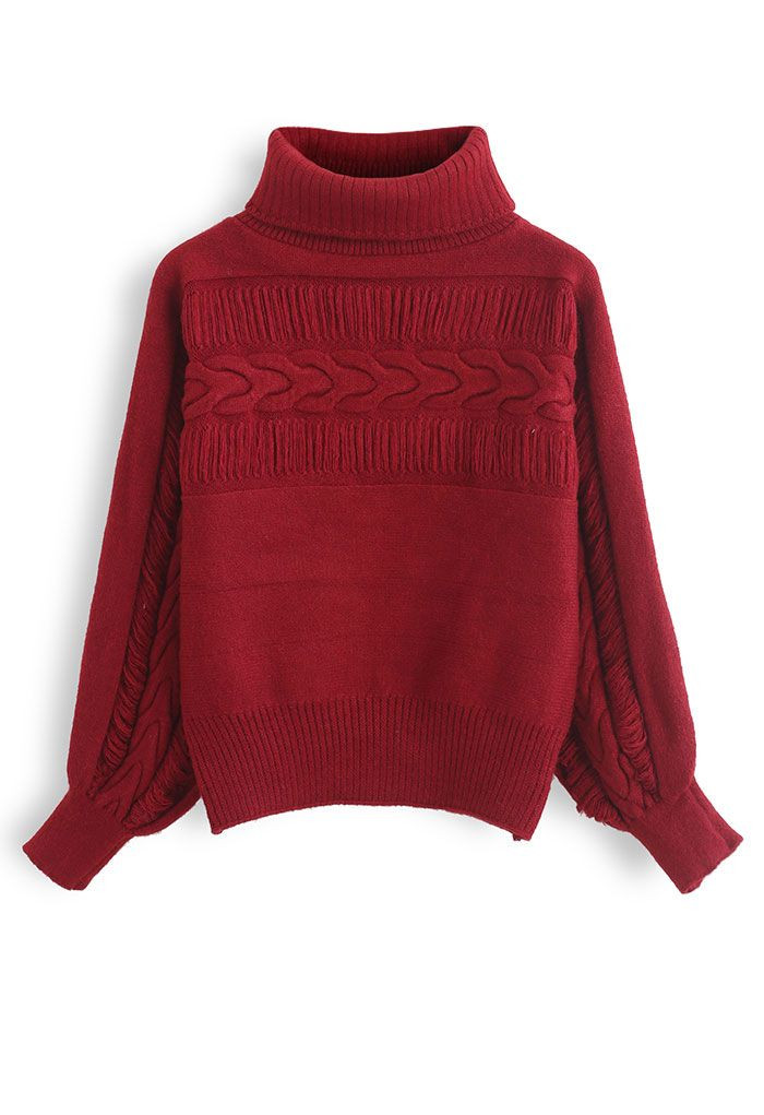 Fringed Detailing Turtleneck Knit Sweater in Red | Chicwish