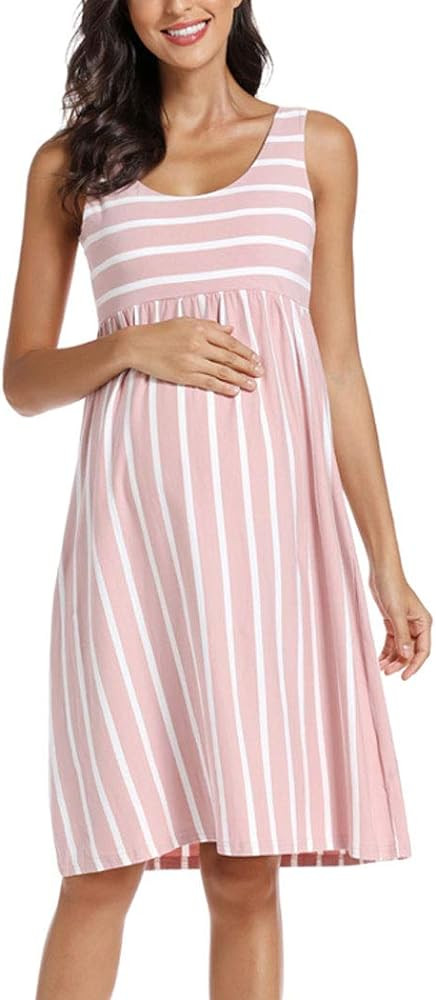 Ecavus Womens Maternity Tank Dress Stripe Color Block Sleeveless Knee Length for Baby Shower | Amazon (US)