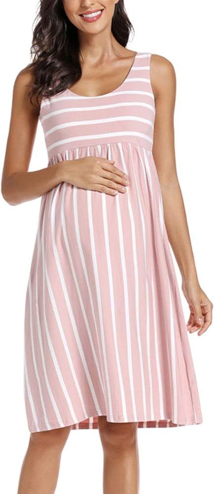 Ecavus Womens Maternity Tank Dress Stripe Color Block Sleeveless Knee Length for Baby Shower | Amazon (US)