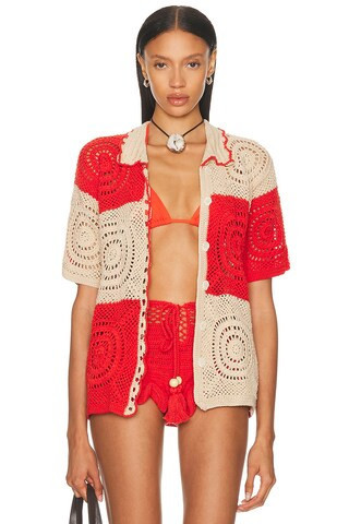 Eliou Kaleo Button Down Top in Red,Tan | FWRD 