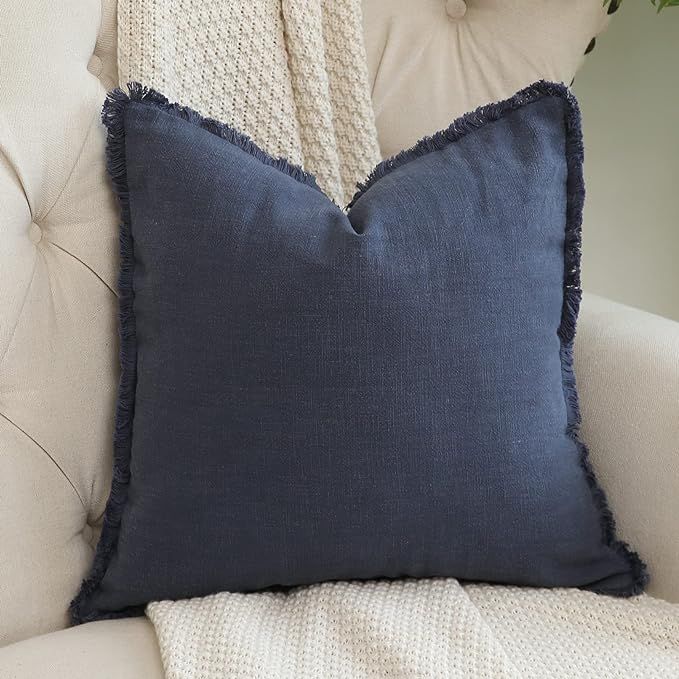 Hckot Linen Pillow Cover 18x18 Inch Navy Blue Throw Pillow Cover with Tassel Fringed Decorative R... | Amazon (US)