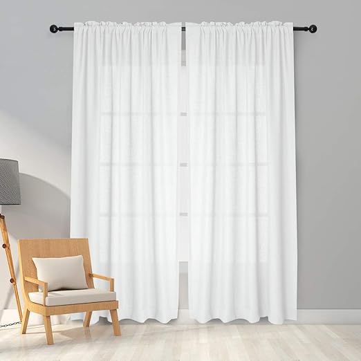 Melodieux White Semi Sheer Curtains 96 Inches Long for Living Room, Linen Look Bedroom Rod Pocket... | Amazon (US)