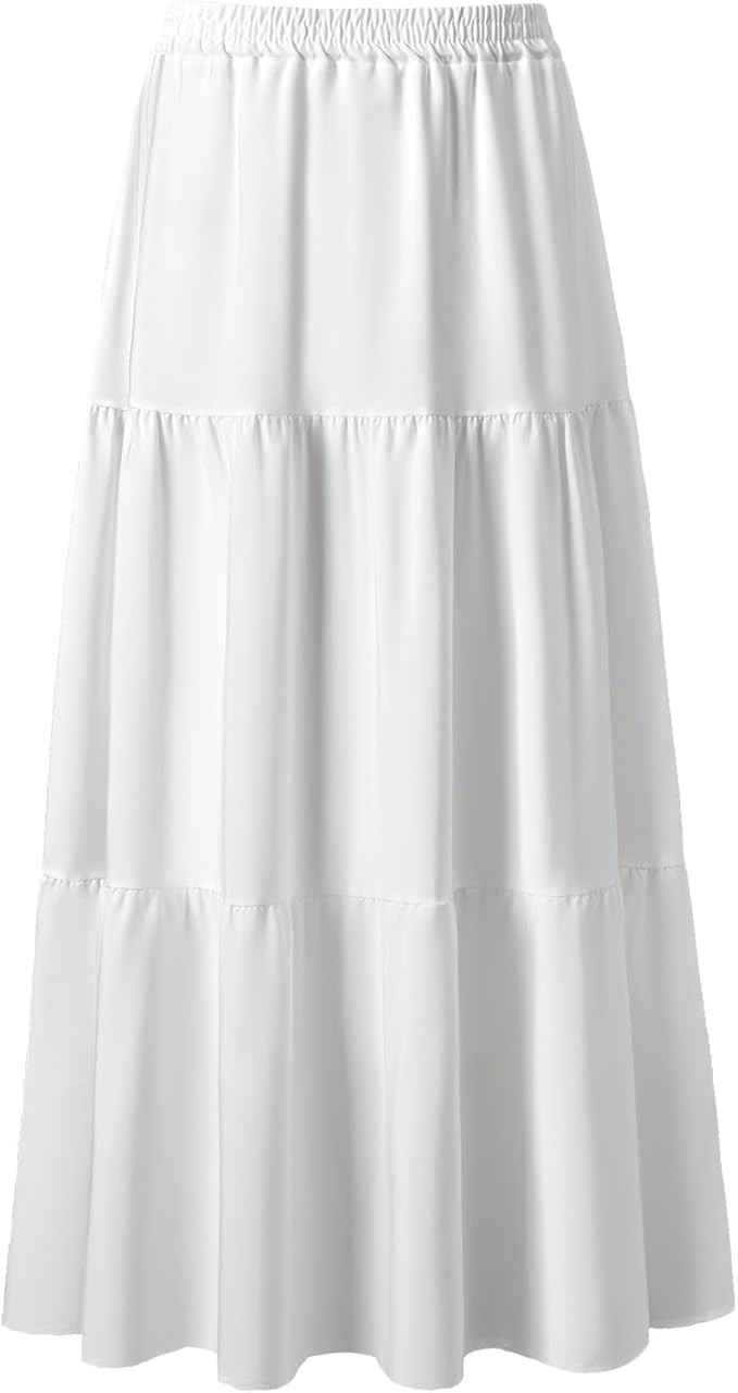 Maxi Skirt for Women Flowy Swing Tiered A-Line Fall Skirt Elastic High Waist Pleated Ruffle Long ... | Amazon (US)