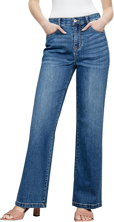 Sidefeel Women's Wide Leg Jeans High Waisted Tummy Control Stretchy Straight Leg Elastic Waist Tr... | Amazon (US)