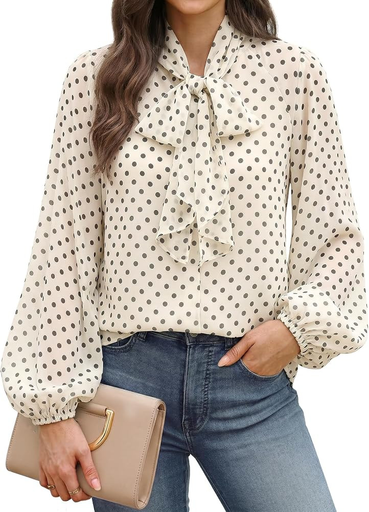 Womens Polka Dot Blouse Bow Tie Neck Long Sleeve Shirts Chiffon Blouses Tops | Amazon (US)