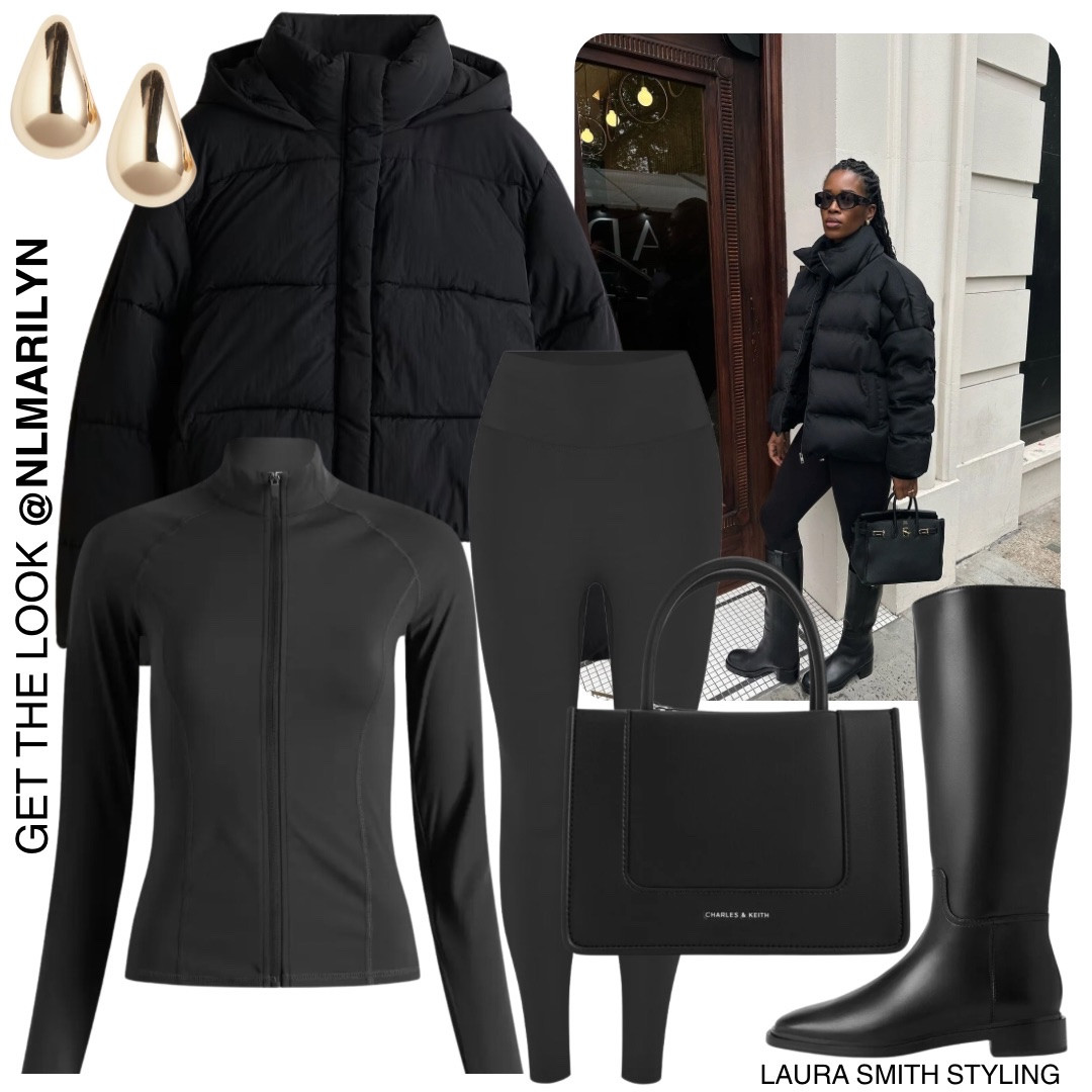 An outfit for a rainy or cold day ❄️🌧️

Including black puffer jacket, long sleeve gym jacket, gym leggings, gold earrings, knee high boots, riding boots, black handbag  

#LTKwinter #LTKuk #LTKautumn