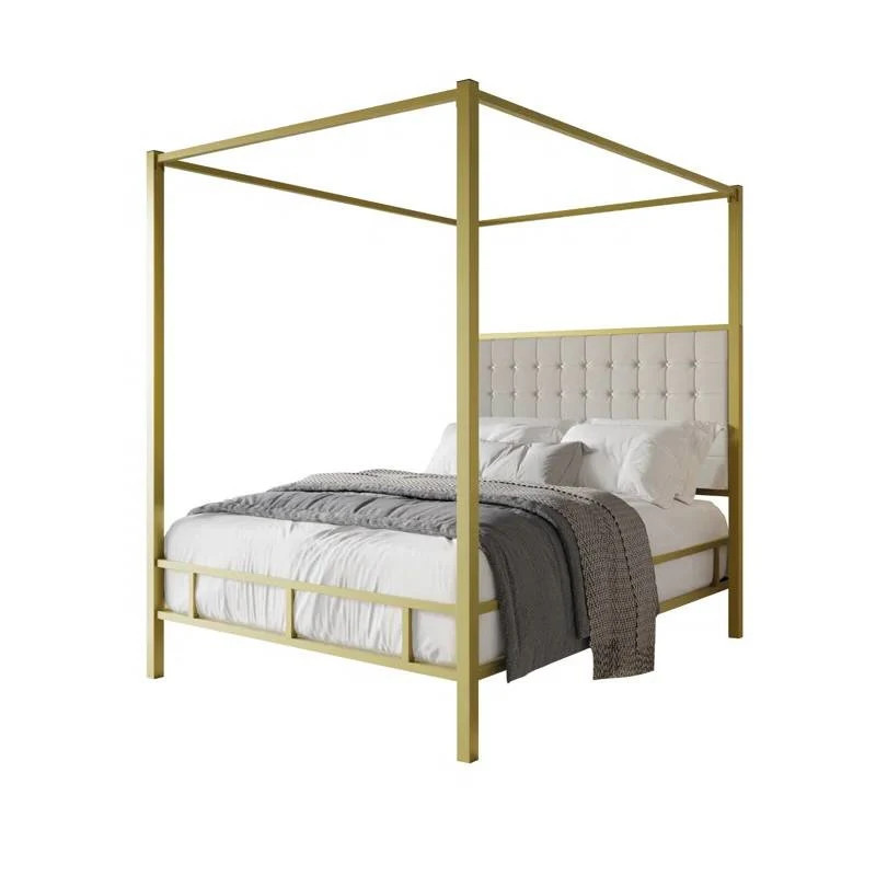 Queen size Gold Metal Canopy Bed with Upholstered Button-Tufted Headboard | Shop Simon