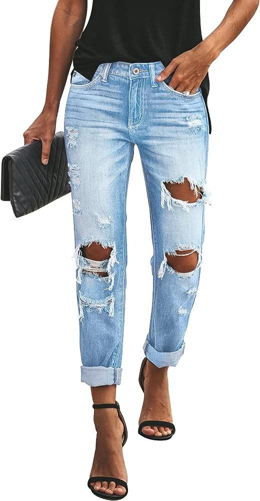 KUNMI Women's Ripped Mid Waisted Boyfriend Jeans Loose Fit Distressed Stretchy Denim Pants | Amazon (US)