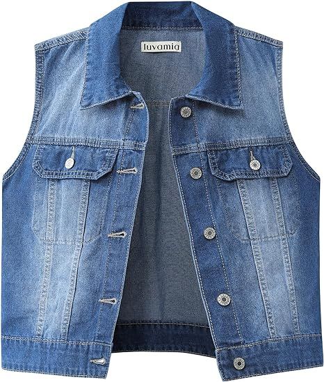 luvamia Denim Vest for Women Sleeveless Cropped Jean Jacket Vests Top Western Outfit Fashion Casu... | Amazon (US)