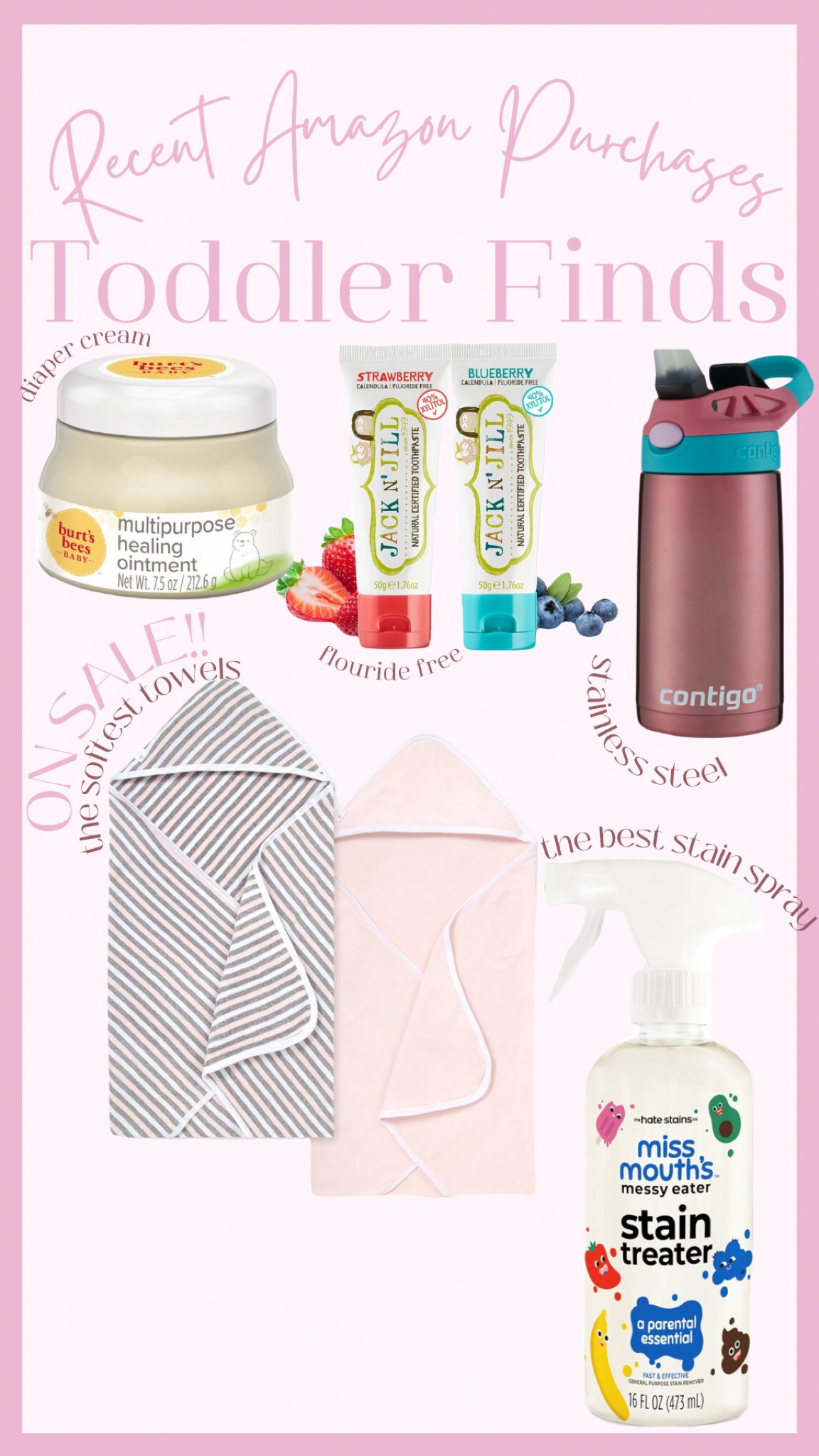 What I bought for my toddler this month: Amazon

- refill on Burt’s bees ointment and body wash 
- stainless steel water bottle (dishwasher safe!) 
- refill on fluoride free toothpaste
- more Burt’s bees towels (these are the softest ever!)
- stain spray - I usually buy the bag but that’s not an option anymore since they went viral :(

Tags: baby family toddler shopping shop mom mommy mama mamma buying buy crunchy scrunchy restock home wellness natural 

#LTKFamily #LTKKids #LTKBaby