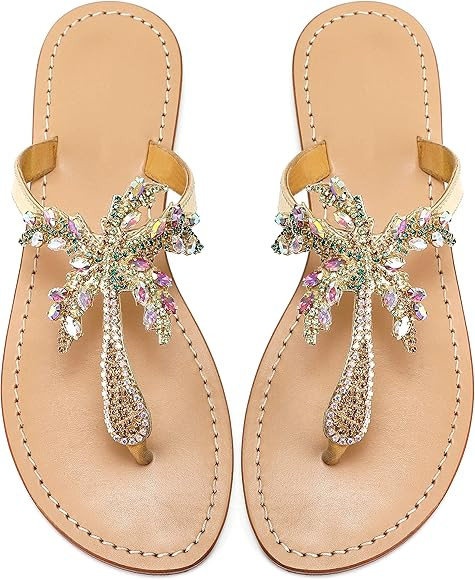 Monrovia Women's Rhinestone Jeweled Flat Beach Wedding Summer Sandals Gold Rhinestone Jeweled San... | Amazon (US)