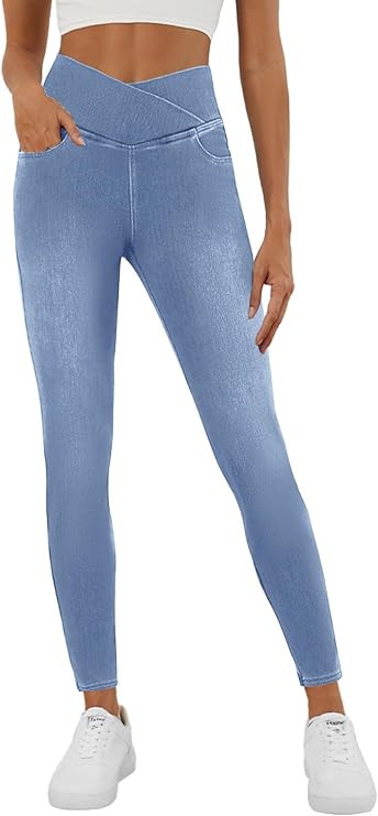 COPYLEAF Stretchy Jeans for Women Trendy Butt Lifting Leggings with Pockets Crossover Waisted Jeg... | Amazon (US)
