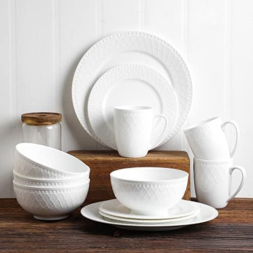 Stone lain Bone China Basket Weave Embossed Round 32 Piece Dinnerware Set, White | Amazon (US)