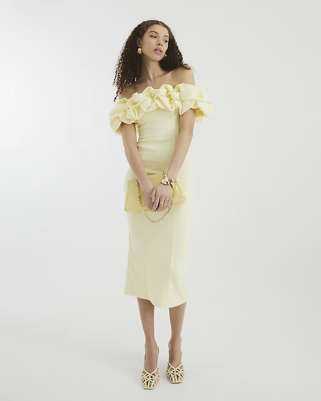 Yellow Ruffle Bardot Midi Dress | River Island UK & IE