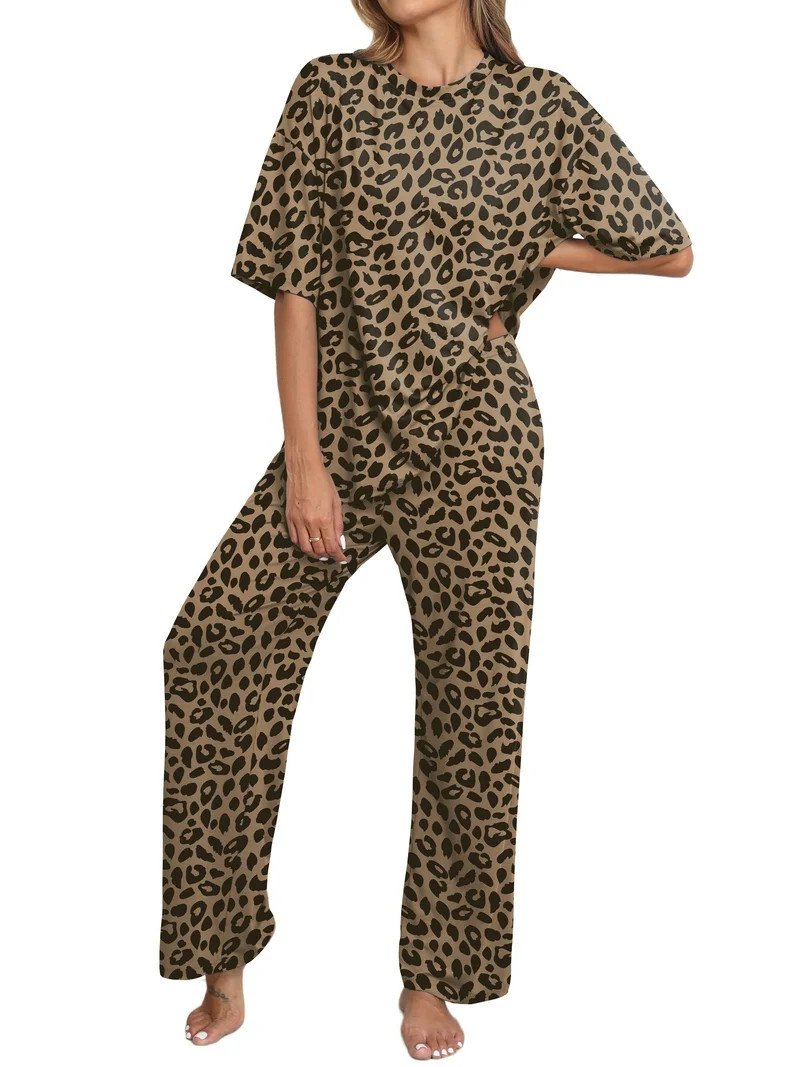 MINTREUS Lounge Sets for Women Knit Short Sleeve Tops and Long Pants Soft Comfy Pajamas Set Overs... | Walmart (US)