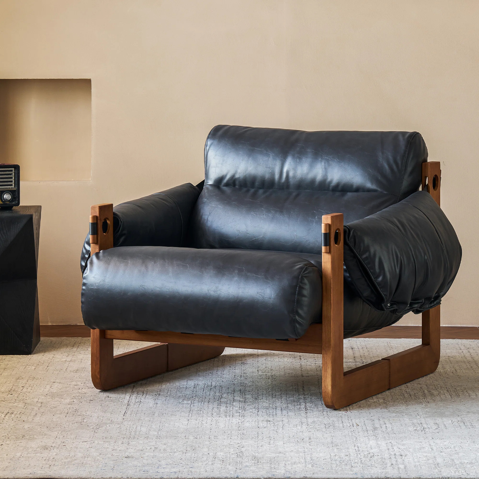 Silk Cotton Filling,Retro-Style Solid Wood Leisure Chair Is Covered In Soft Leather,Suitable For ... | Wayfair North America