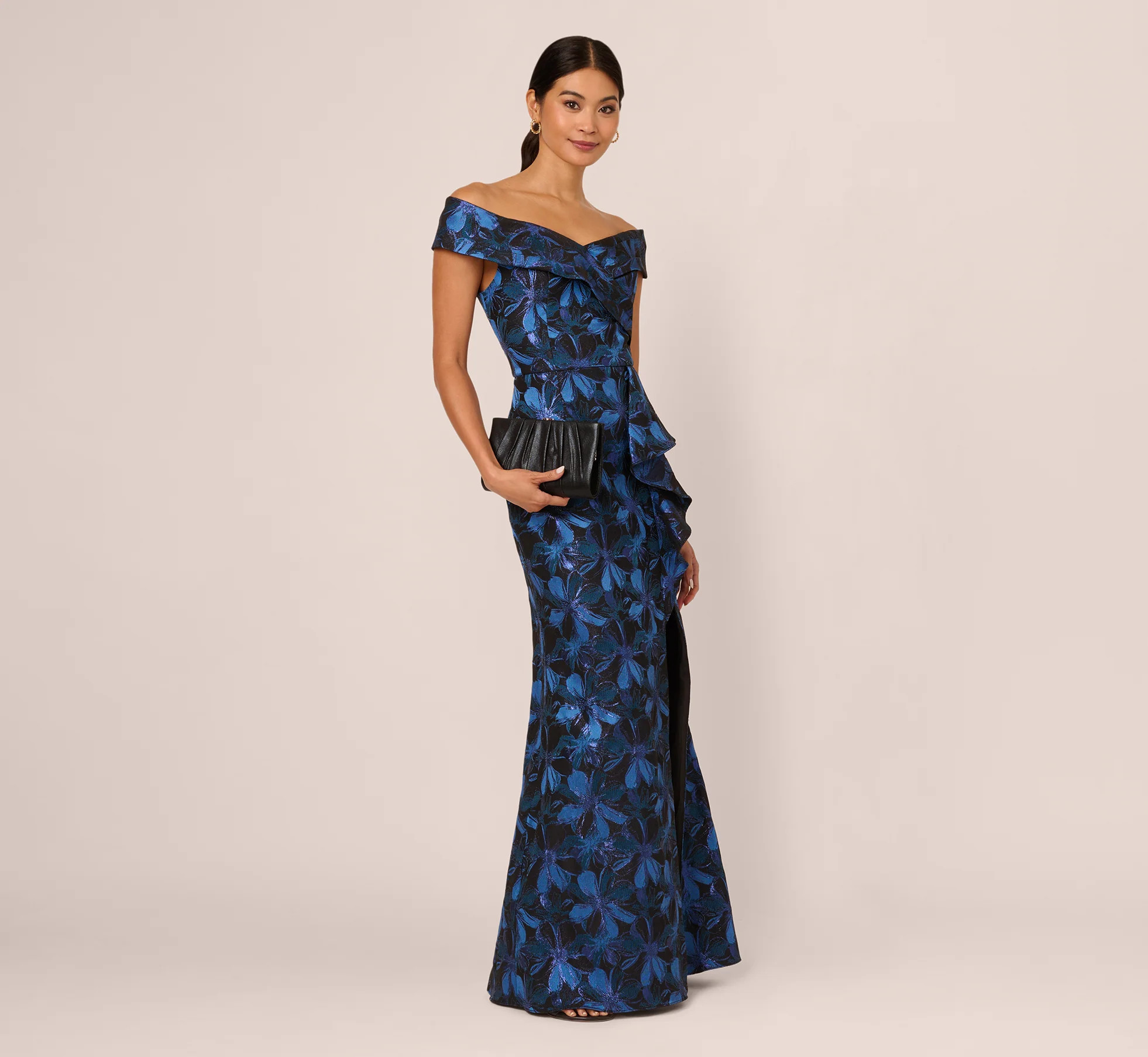 Off Shoulder Jacquard Gown In Blue Multi | Adrianna Papell