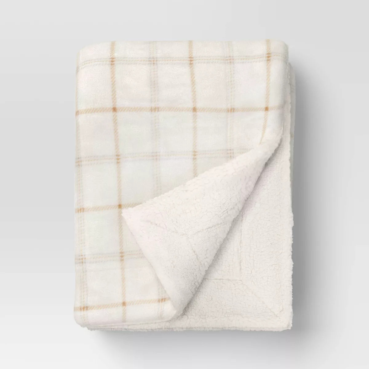 Plaid Printed Plush Throw Blanket Faux Shearling Reverse Ivory/Gray/Tan - Threshold™ | Target