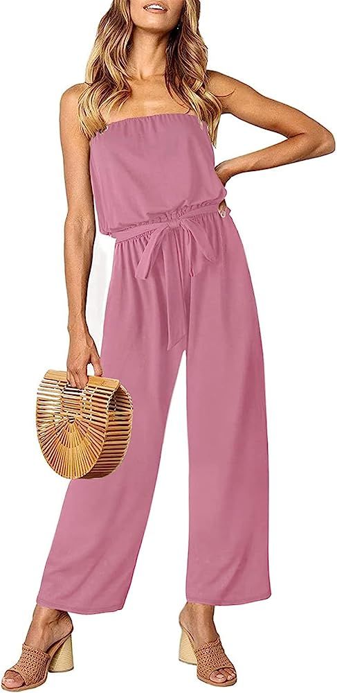 ZESICA Women's 2023 Casual Off Shoulder Solid Color Strapless Belted Wide Leg Jumpsuit Romper | Amazon (US)