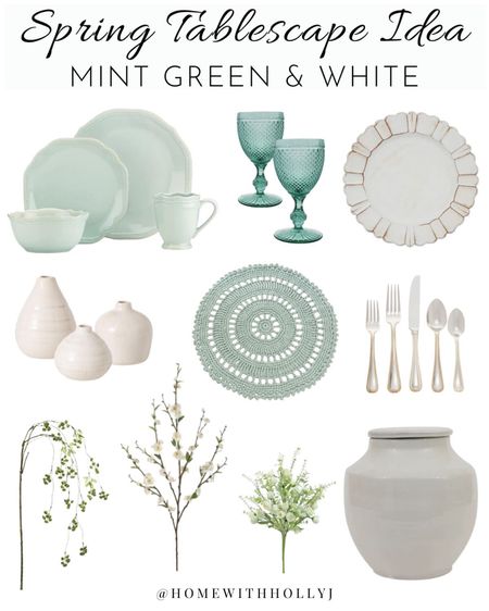 Mint green spring tablescape sources -check out my blog to see how I styled it! The faux stems are on Evolutionhomedecor.com

#LTKhome #LTKSeasonal #LTKfamily
