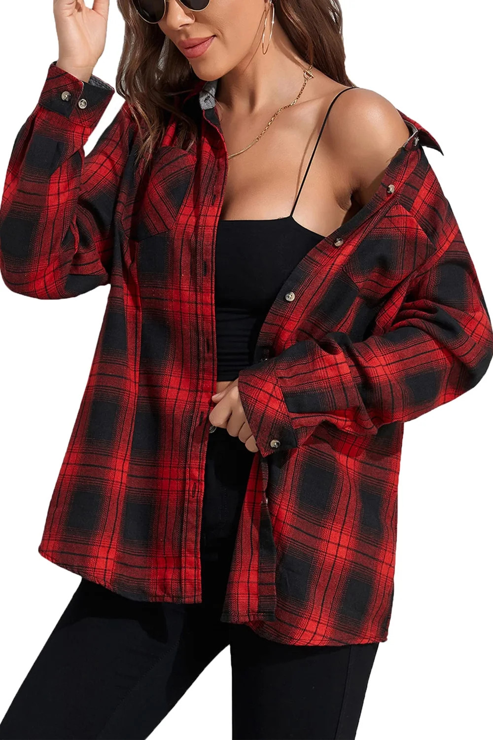 UVN Plaid Shirt for Women Oversized Flannel Long Sleeve Shirts Casual Button Down Blouse Tops wit... | Walmart (US)