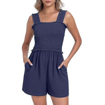 QIXING Women's Summer Casual Rompers Dressy Smocked Loose Comfy Short Jumpsuits Vacatio… | Amazon (US)
