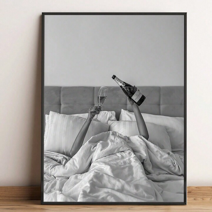 1pc Unframed Black And White Pouring Champagne On Bed Celebrating Canvas Poster,Waterproof Trendy... | SHEIN