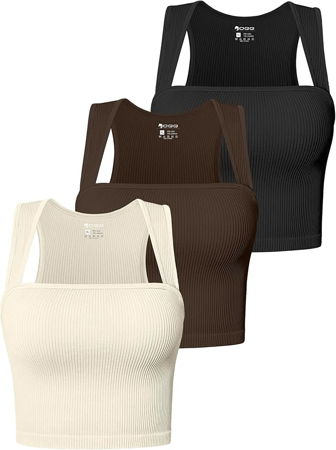 OQQ Women's 3 Piece Tank Tops Strappy Sleeveless Square Neck Stretch Tee Shirts Crop Camis | Amazon (US)