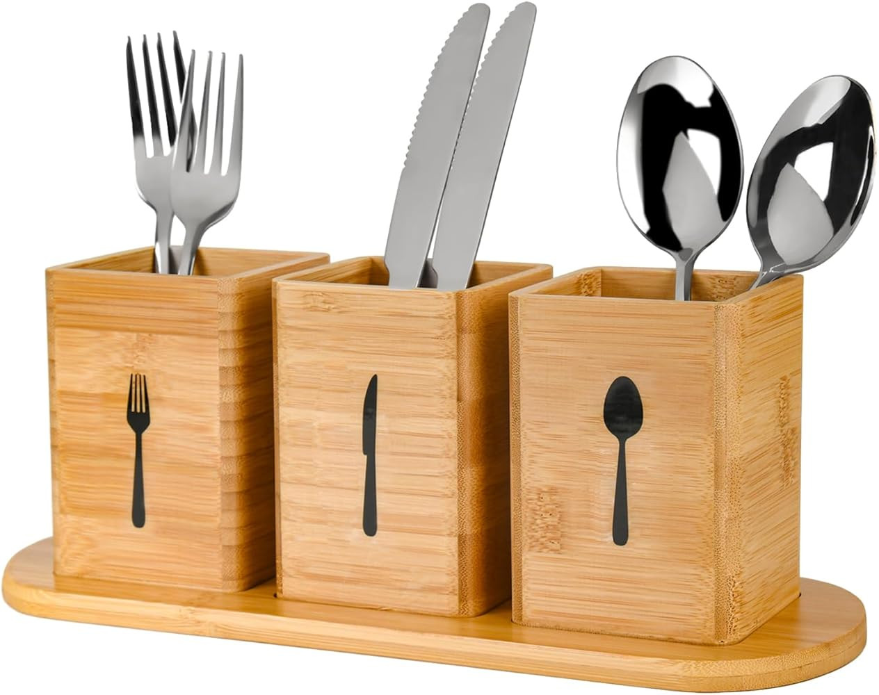 GEHE 3Pcs Silverware Caddy, Natural Bamboo Silverware Holder for Countertop, Utensil Caddy for Pa... | Amazon (US)